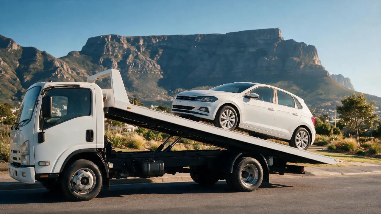 A flatbed recovering a car with Table Mountain in the background