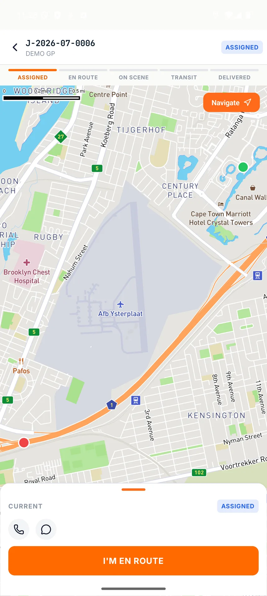 Driver app job card: pickup, drop-off, vehicle and contact details