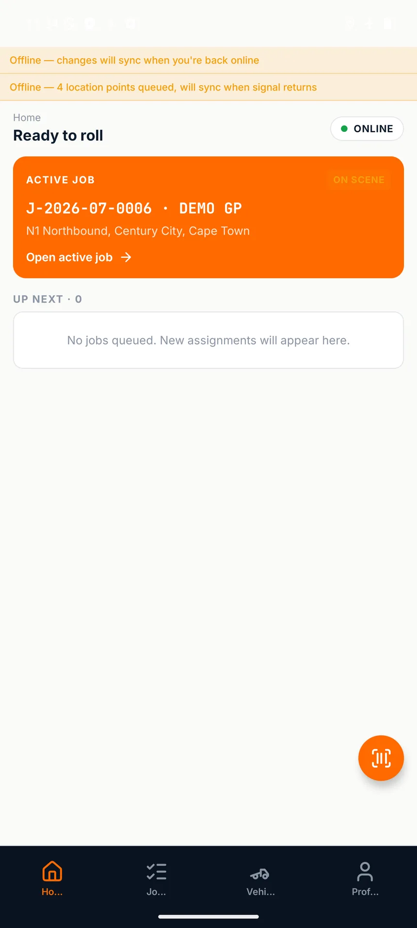 Driver app offline banner: location points queued to sync when signal returns
